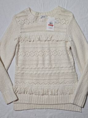 Kensie French Vanilla Textured Fringe Crewneck Sweater
